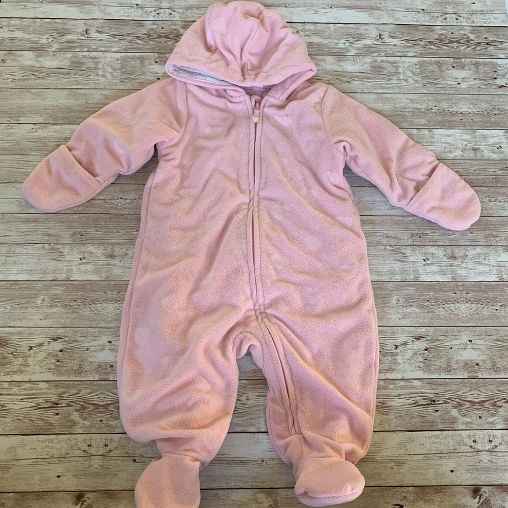 H&M Pink Heart Fleece Hooded Baby Infant Zip Up Onesie Bunting